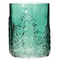 Product Glass tealight holder with fir trees in relief, Christmas decoration, 16cm