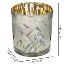 Product Glass tealight holder with bird and snowflake motif, 8cm, 2 pieces