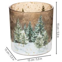 Product Glass tealight holder with fir forest design, winter decoration, 15cm