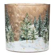 Product Glass tealight holder with fir forest design, winter decoration, 15cm
