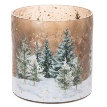 Product Glass tealight holder with winter forest in snow, Christmas decoration, 20cm