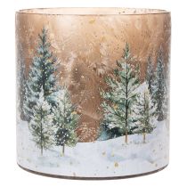 Product Glass tealight holder with winter forest in snow, Christmas decoration, 20cm