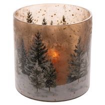 Product Glass tealight holder with winter forest in snow, Christmas decoration, 20cm