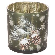 Product Glass tealight holder with pine cones and snowflakes, 15cm