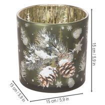 Product Glass tealight holder with pine cones and snowflakes, 15cm