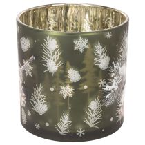 Product Glass tealight holder with pine cones and snowflakes, 15cm