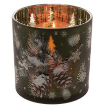 Product Glass tealight holder with pine cones and snowflakes, 15cm