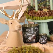 Product Glass tealight holder with pine cones and snowflakes, 15cm