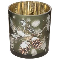 Product Glass tealight holder with winter fir branch, 8cm, 2 pieces