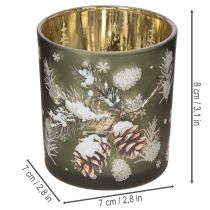 Product Glass tealight holder with winter fir branch, 8cm, 2 pieces