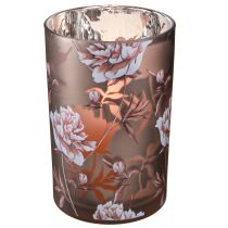 Product Glass lantern brown silver pink peonies H18cm