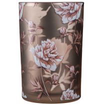 Product Glass lantern brown silver pink peonies H18cm