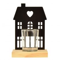 Product Lantern House Metal Black with Wooden Base H15cm 2pcs