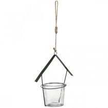 Lantern house, tealight holder for hanging, metal decoration, glass H21.5cm 2pcs