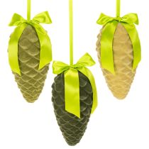 Product Artificial pine cone pendants with gift ribbon and bow, 23cm, 3 pieces