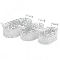 Product Bowls for planting, decorative pot with lace decor, metal vessel with handles, oval white, silver Shabby Chic L25.5 / 20 / 15cm H7cm set of 3
