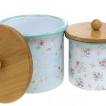 Enamel box with lid wood flower pattern H10/12cm set of 2
