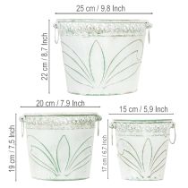 Product Embossed metal planter with handles, white and green, shabby chic style, H22/19.5/17.5cm, Ø25.5/20.5/15.5cm, set of 3