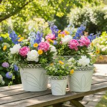Product Embossed metal planter with handles, white and green, shabby chic style, H22/19.5/17.5cm, Ø25.5/20.5/15.5cm, set of 3