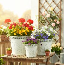 Product Embossed metal planter with handles, white and green, shabby chic style, H22/19.5/17.5cm, Ø25.5/20.5/15.5cm, set of 3