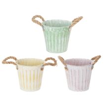 Product Decorative pot, metal bucket for planting, planter with handles, pink/green/yellow shabby chic Ø15cm H13cm 3-piece set