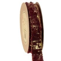 Product Decorative ribbon with fur, faux fur ribbon, Bordeaux gold, 25mm, 15m