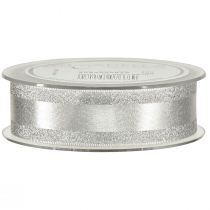 Product Decorative ribbon silver with glitter gift ribbon with stripes 25mm 20m