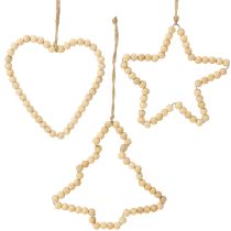 Product Christmas decorations: wooden beads, heart, star, tree, 13cm high, 6 pieces