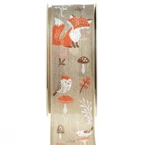 Product Gift ribbon autumn with fox and mushrooms linen grey 40mm 15m