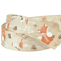 Product Gift ribbon autumn with fox and mushrooms linen grey 40mm 15m