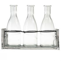 Product Rustic bottle set in wooden carrier – 3 glass bottles, grey-white, 24x8x20 cm – Versatile for decoration