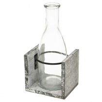 Product Glass vase in grey wooden stand, 9.5x8x20cm - Rustic decoration with 4 bottles