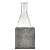 Product Glass vase in grey wooden stand 20cm Rustic decoration with glass bottle
