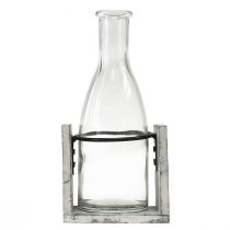 Product Glass vase in grey wooden stand, 9.5x8x20cm - Rustic decoration with 4 bottles