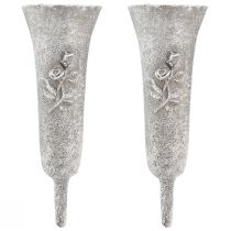 Product Grey grave vase with rose motif, 26cm high, 2 pieces