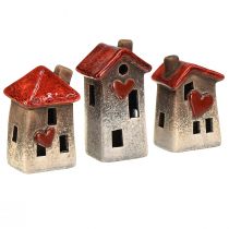 Product Romantic ceramic houses with heart motif – red &amp; natural tones, 11 cm – lovingly designed winter decoration – 3 pieces
