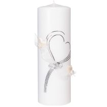 Product Festive wedding candle with a stylish heart design, silver embellishments and organza ribbon – ideal for weddings and silver wedding anniversaries, 230/80mm