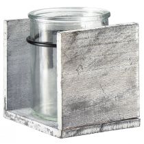 Product Glass tealight holder in a rustic wooden frame – grey and white, 10x9x10cm – Charming table decoration