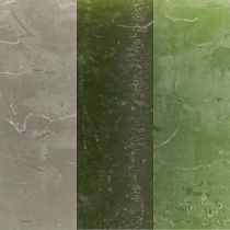 Product Green pillar candles, 3 shades, solid color, rustic, 70x100mm, set of 12, for decoration and Advent