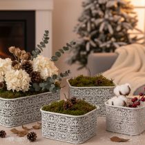 Product Metal bowls with lace pattern, decorative container, square, shabby chic, white, 27/23/19cm, H13.5cm, set of 3