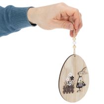 Product Hanging Easter eggs, wooden egg with rabbit, natural white, 13cm, 6 pieces