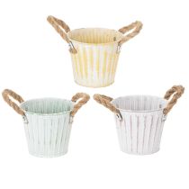Product Planting bucket, metal pot with handles, decorative planter, pink/green/yellow, shabby chic, Ø12cm, H10cm, set of 3