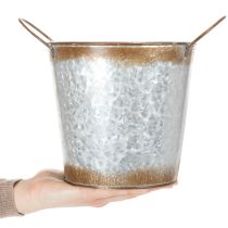 Product Metal planter, flower bowl, plant pot with silver handles, weathered steel finish, Ø18cm H20cm