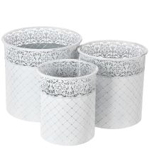 Product Plant pot with lace pattern, metal container, decorative bucket, white, silver, shabby chic, H28/25.5/23.5cm, Ø29.5/25.5/20cm, set of 3