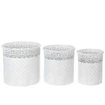 Product Plant pot with lace pattern, metal container, decorative bucket, white, silver, shabby chic, H28/25.5/23.5cm, Ø29.5/25.5/20cm, set of 3
