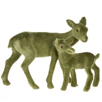 Product Deer Decoration Figures Christmas Green Flocked Deer with Fawn in Set H9/5.5cm 4 Pcs