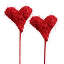 Sisal heart 7.5cm red on stick 12pcs