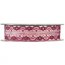 Product Lace ribbon with flowers, decorative ribbon, Bordeaux, 25mm wide, 25m long
