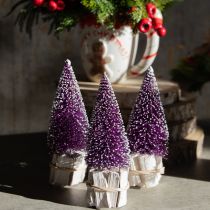 Product Decorative Christmas tree in purple with snow tip on a rustic wooden base 15cm 3 pieces.