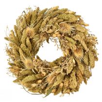 Product Decorative dried wreath with teasels and millet in yellow-olive green, natural country style, Ø28cm, versatile wall and table decoration